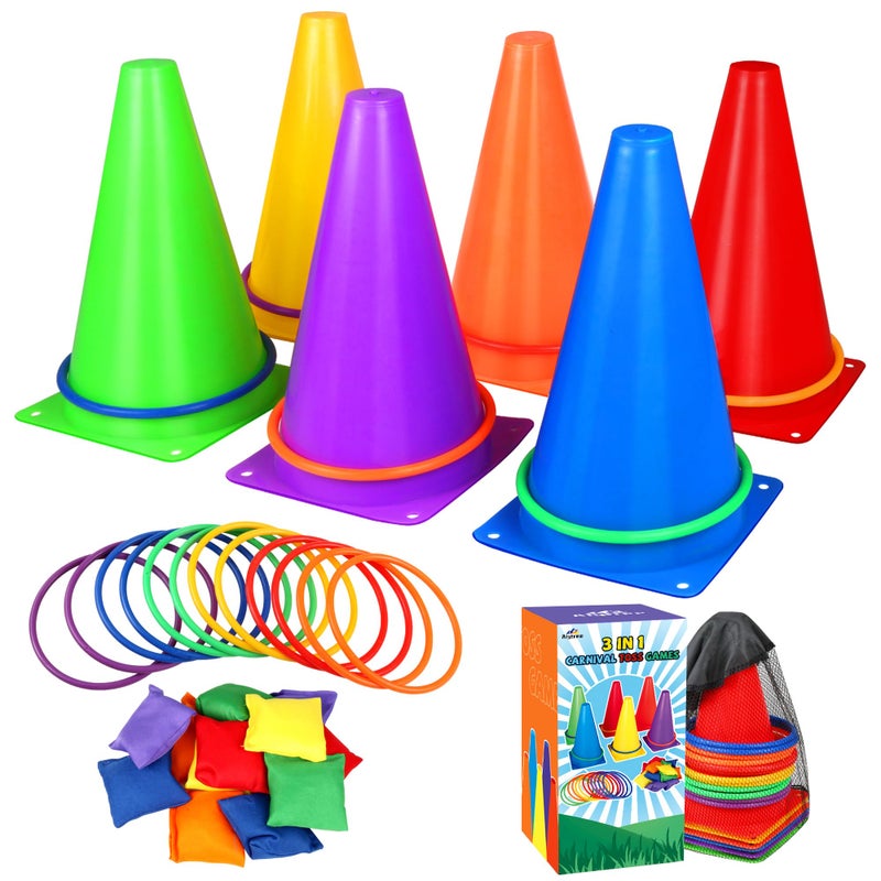 Alyoen 31 PCS Christmas Carnival Games, 3 in 1 Indoor Outdoor Bean Bag Ring Toss Games for Kids Birthday Party, Plastic Soft Cones Yard Lawn Game for Family Party Kid's Gift - Image 1